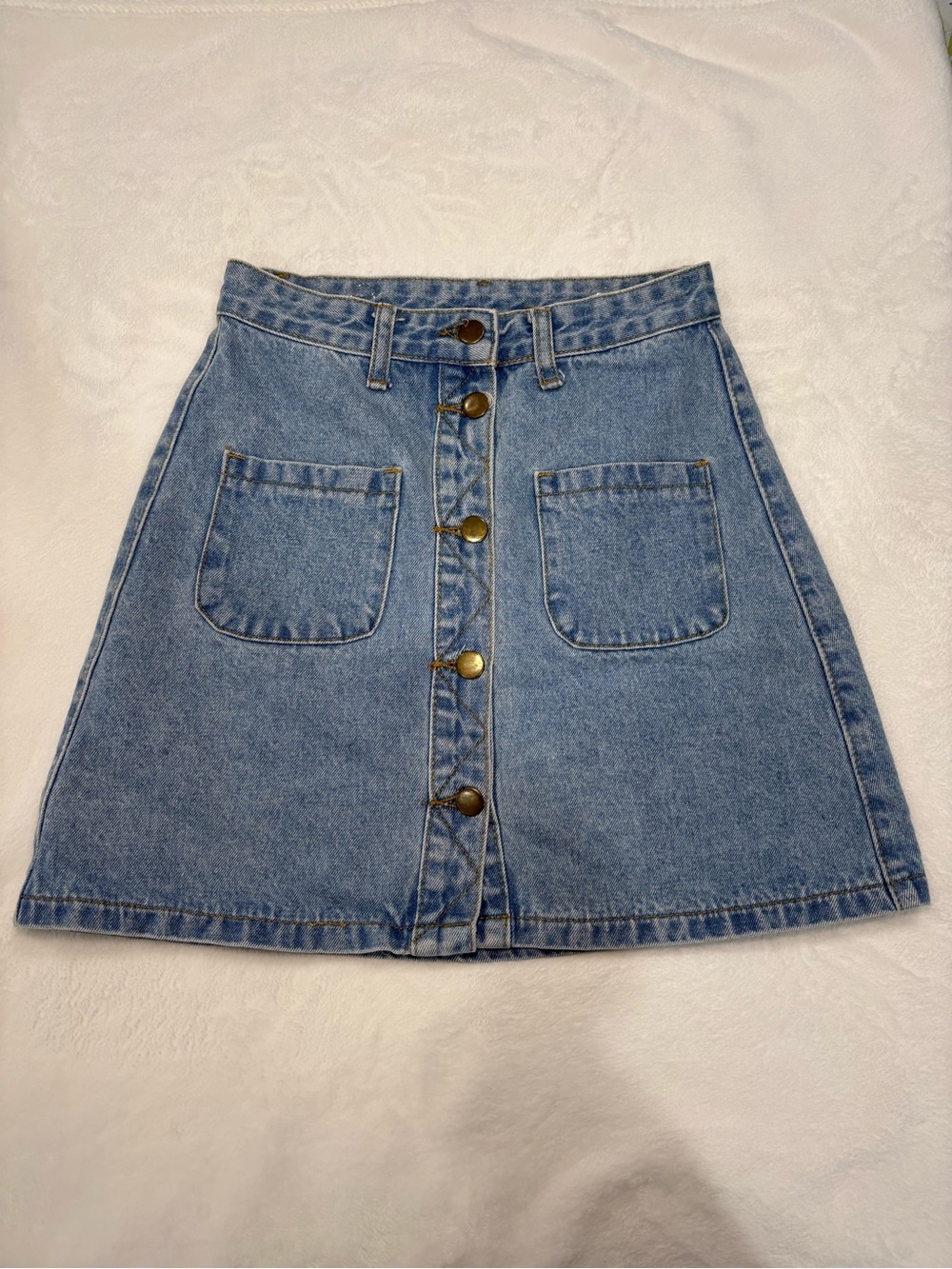 High-Rise Light Blue Denim A-Line Skirt with Front Buttons